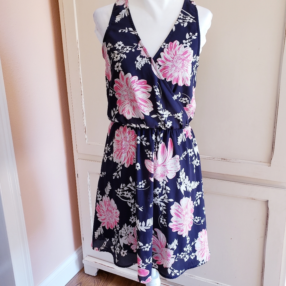 Lush Blue/Pink Floral Dress w/Cutout Back